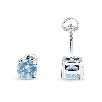 Solitaire Screw Back Stud Earring Brilliant Round Simulated Aquamarine CZ Solid 925 Sterling Silver